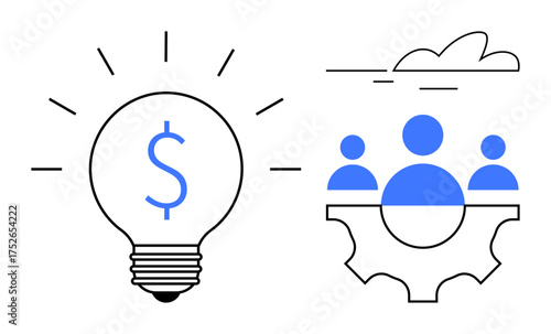 Light bulb with dollar sign symbolizes ideas and money gear with people represents teamwork. Ideal for business strategy, innovation, entrepreneurship, collaboration, finance, problem-solving, simple