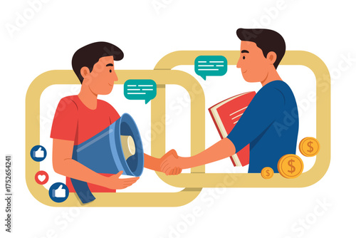 Hand drawn flat design illustration of affiliate marketing concept with icons and charts