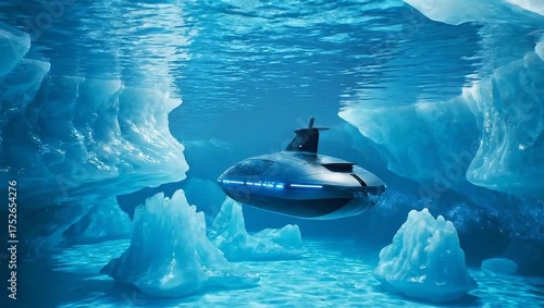 Futuristic Submarine Navigating Through an Icy Underwater Cave.