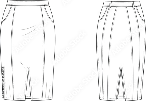 Pencil skirt fashion flat sketch, women office skirt CAD drawing, vector template front and back view illustration, apparel design outline