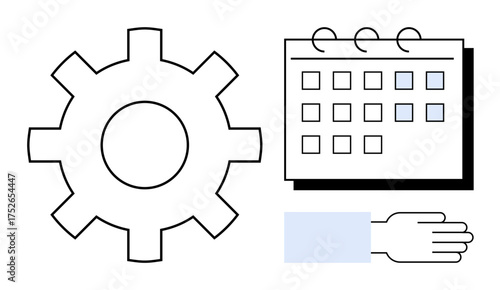 Gear symbolizes process or workflow, calendar for planning or scheduling, and hand for human interaction. Ideal for productivity, time management, teamwork, organization, planning tools, workflow