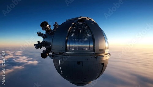 Futuristic Submersible Gliding Above Clouds at Sunset.