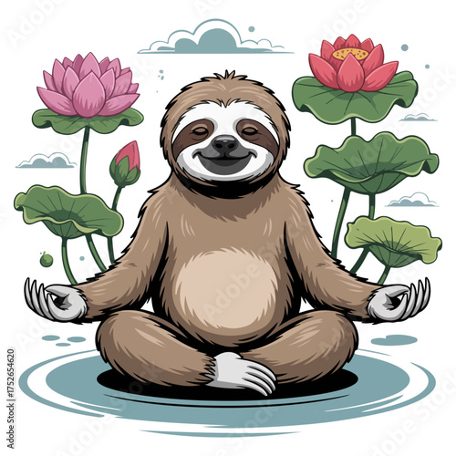 A meditating sloth sitting peacefully amidst lotus flowers. The sloth is in a meditative pose, surrounded by lotus flowers, representing tranquility