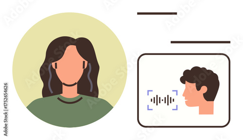 Female user portrait beside a voice recognition interface with soundwave icon indicating speaking action. Ideal for technology, communication, AI interaction, remote work, online learning, customer