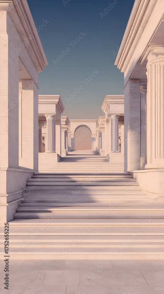 Obraz premium Serene architectural scene featuring white columns and steps leading to an arched entrance at dusk
