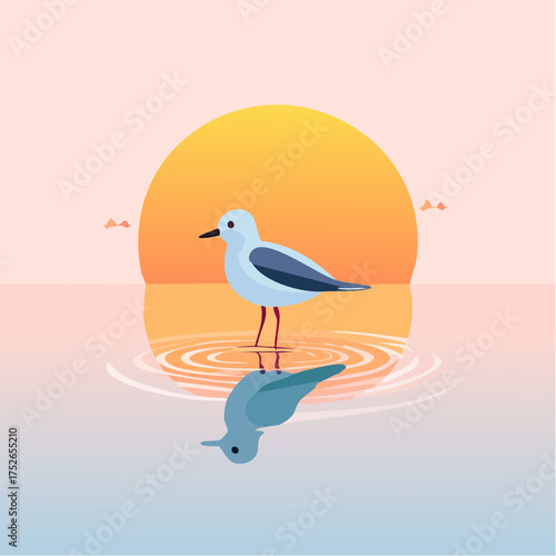 Minimal flat design of a wading bird in water at golden hour, reflection on calm surface, warm pastel tones, vector illustration