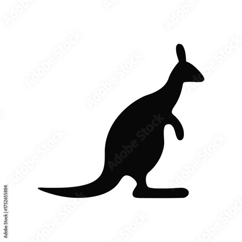 Black silhouette of kangaroo in side profile with extended tail and raised limbs iconic symbol of Australia in minimalist design