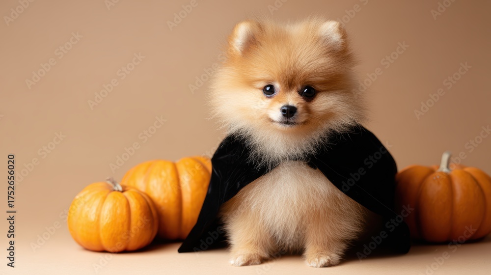 Obraz premium Cute Pomeranian puppy in spooky Dracula costume, sitting among seasonal pumpkins and autumn leaves on warm beige background, Halloween theme