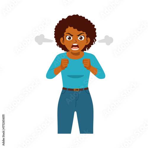 Angry African American Woman Shouting with Fists Raised and Steam Coming from Ears in Cartoon Style