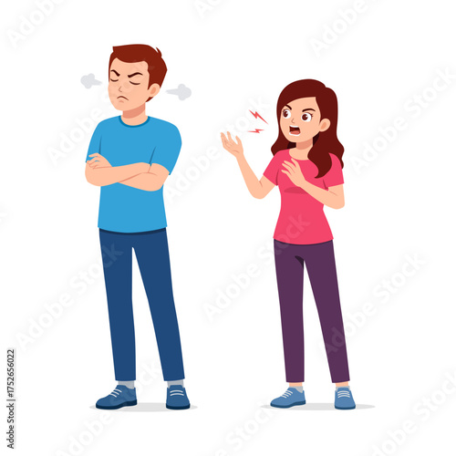 Couple Arguing Woman Yelling at Man with Arms Crossed and Angry Mood in Illustration