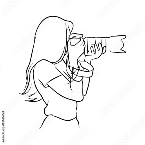 Black and white line drawing of person with long hair holding DSLR camera to face, capturing moment in minimalist photography illustration