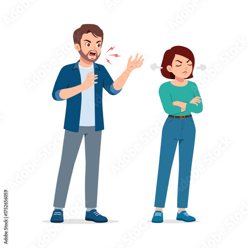 Angry Caucasian man yelling at upset woman in argument conflict and relationship problems
