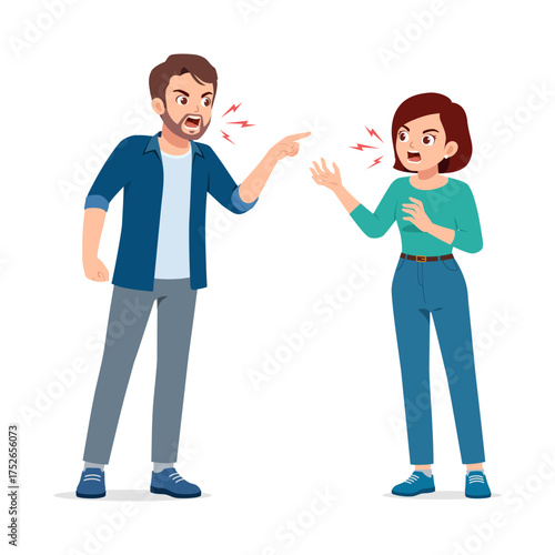 Couple Arguing and Shouting at Each Other with Angry Expression in Cartoon Illustration Style