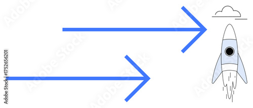 Two blue arrows directing focus to a launching rocket. Ideal for innovation, progress, business growth, startup launch, goal orientation, direction, success. Minimalistic flat metaphor