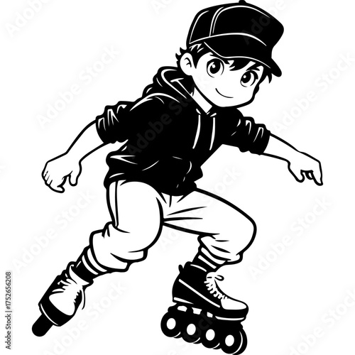 Sketchy sport emblem of boy learning to roller skate. Engraving minimalistic vector in black ink drawing on transparent background