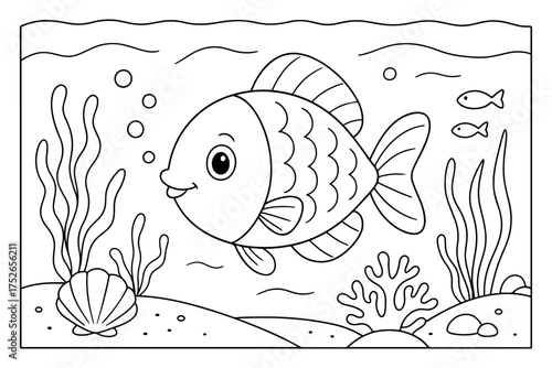 Coloring page of cute fish for kids coloring book