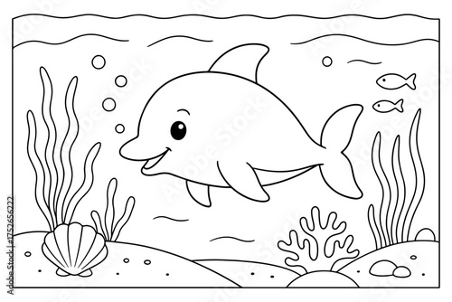 Coloring page of cute dolphin for kids coloring book