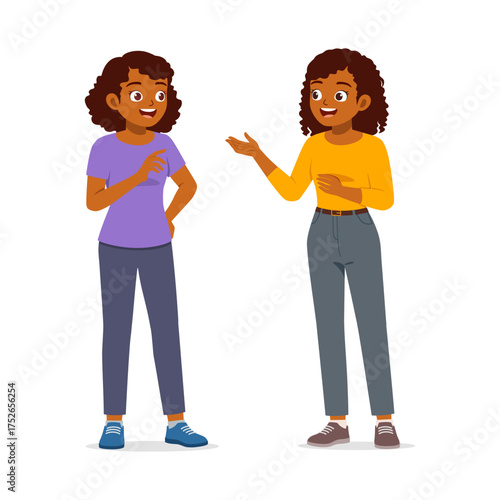 Two African American Women Talking and Gesturing with Friendly Expressions in Full Shot