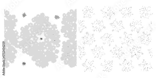 Abstract grayscale snowflake patterns and fractal tree shapes with a central dark starburst effect