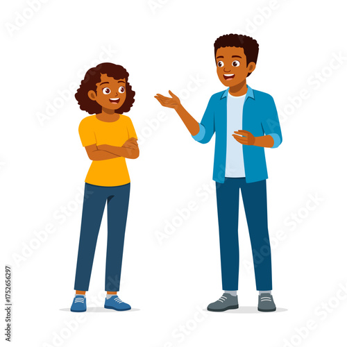 Happy African American man gesturing hand explaining to a woman in simple flat cartoon