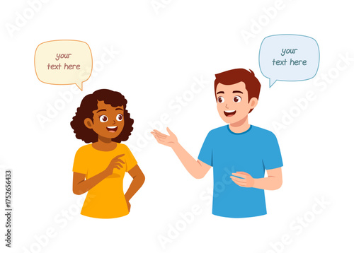 Young African Woman and Man Talking with Speech Bubbles Illustration Happy Expression Communication
