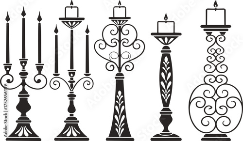 Ornate candle holder vector set, decorative silhouette clipart, vintage candelabra with lit candles, elegant scrollwork design, black illustration collection