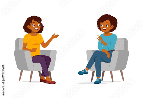 Two African American women in armchairs having a conversation smiling cartoon illustration