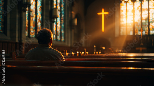 Man praying alone in church pews facing glowing cross with stained glass windows showing worship faith spirituality devotion peace and religious environment during reflection prayer and meditation