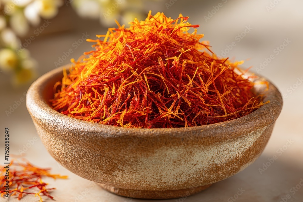 Fototapeta premium Bowl of vibrant orange saffron threads on display