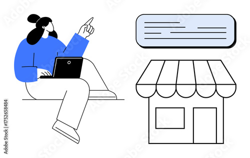 Woman sitting with laptop, pointing at text box beside small shop illustration. Ideal for online business support, e-commerce, communication, digital marketing, remote work, freelancing