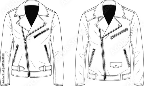 Technical flat sketch of leather biker jacket front view, vector fashion design template, stylish motorcycle outerwear illustration, apparel pattern for menswear clothing.