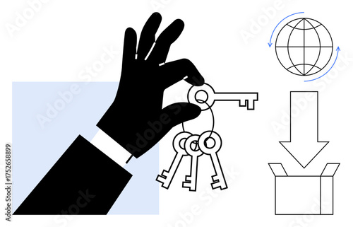 Hand gripping multiple keys, globe with arrows symbolizing global connection, downward arrow and open box indicating access or delivery. Ideal for security, globalization, logistics, business