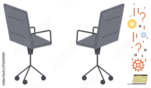 Office chairs facing each other symbolize discussion, next to gears, question marks, and a laptop. Ideal for teamwork, brainstorming, problem-solving, dialogue, innovation productivity simple flat