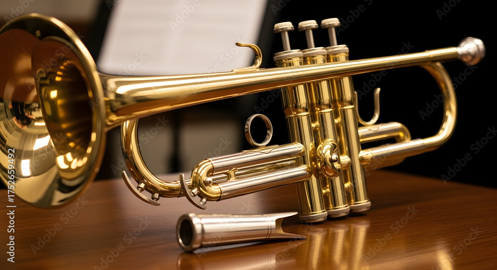 Obraz premium Golden brass trumpet with detached mouthpiece resting on a wooden surface, music stand in background