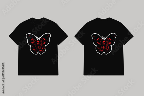 Black t shirt with red skull butterfly graphic vector