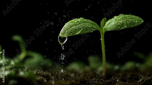 Water drops falling on a seedling leaf, macro photography style, freshness and growth theme, black background.