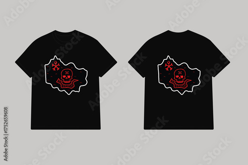 Black t shirt with red skull island linocut island map