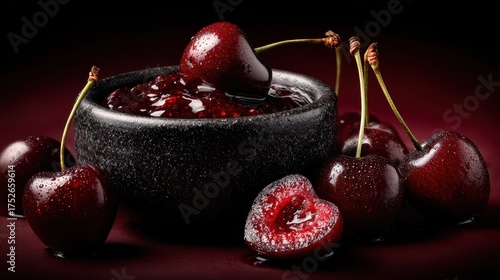 Fresh cherries and cherry compote in a black bowl
