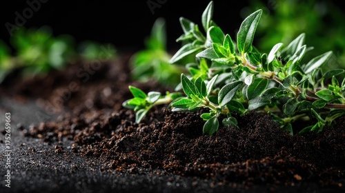 Fresh thyme sprigs growing in rich dark soil in detail