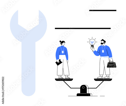 Two businesspeople on a balance scale discussing ideas with a lightbulb, representing teamwork, problem-solving, innovation, equality, collaboration, creativity, and decision-making. Ideal