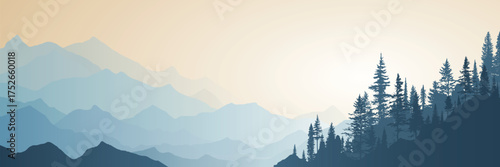 Sunrise in the mountains, wild forest, misty silhouettes of ridges, vector illustration