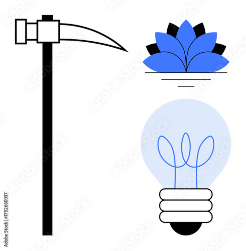 Pickaxe, stylized lotus blossom, and lightbulb connected through notions of work, mindfulness, and creativity. Ideal for innovation, growth, wisdom labor sustainability renewal minimalism. Simple