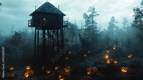 Eerie halloween scene with illuminated carved pumpkins and a wooden structure