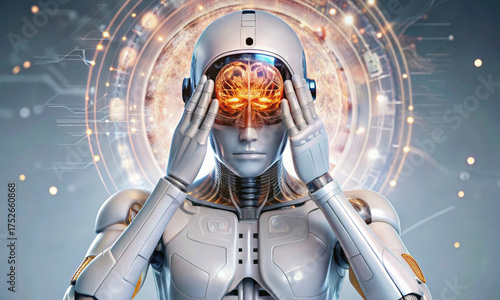 The futuristic cyborg tensely presses his hands to his head