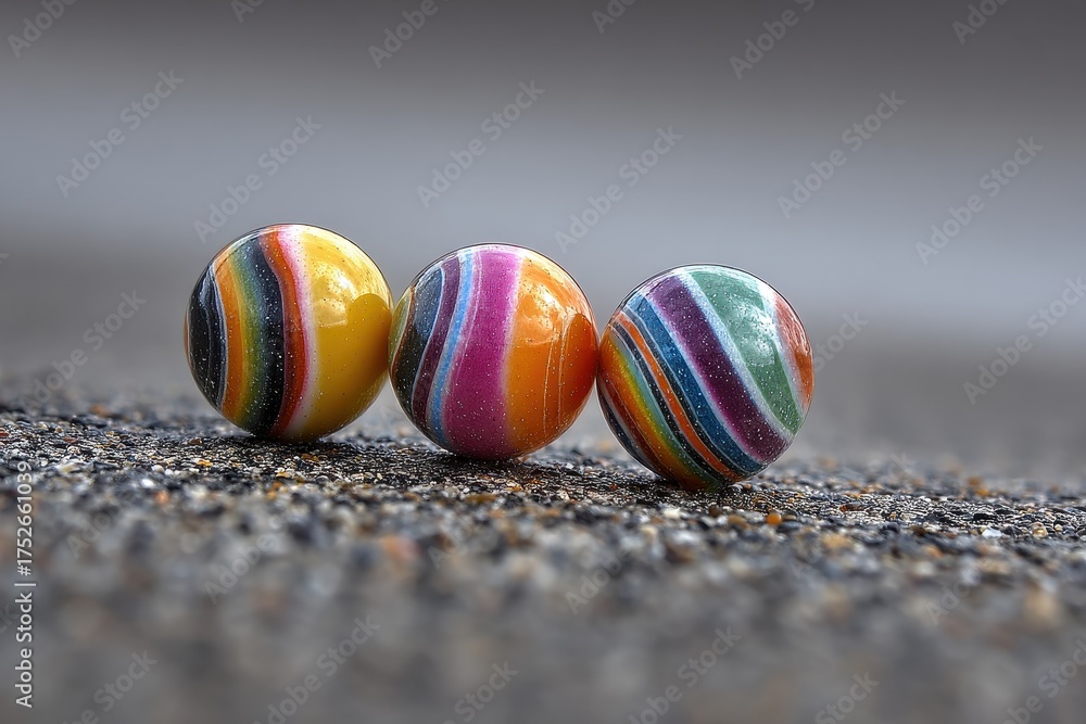 Fototapeta premium Three Colorful Glass Marbles Rolling Across a Pebble Surface
