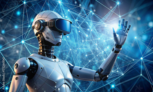 A robot in a VR headset explores virtual reality with a raised arm