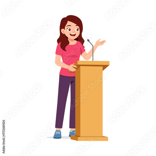 Young Woman Giving Speech Behind Podium with Smiling Expression and Hand Gesture