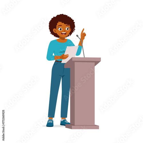 African American woman speaking at podium holding document with confident expression