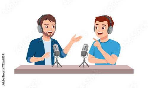 Two Man Podcast Hosts in Headsets Talking Into Microphones in Studio Illustration