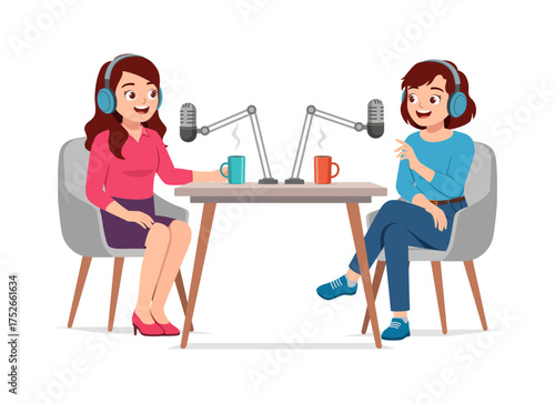 Two women recording podcast episode with microphone and headphones smiling happily